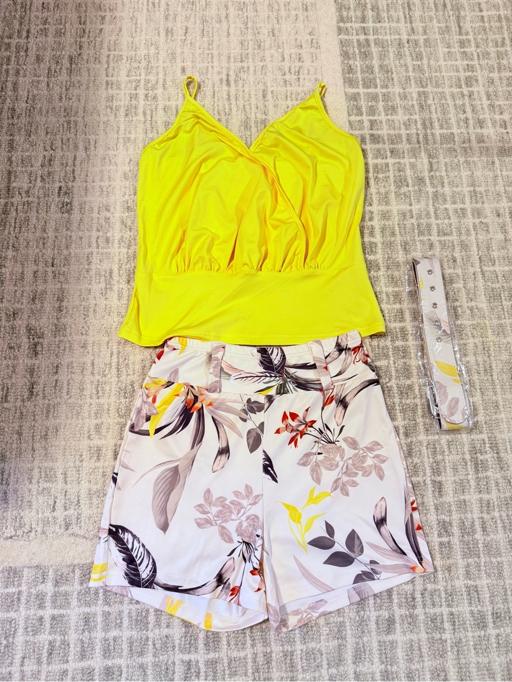 Bright Yellow V-Neck Tank with Floral High-Waist Shorts